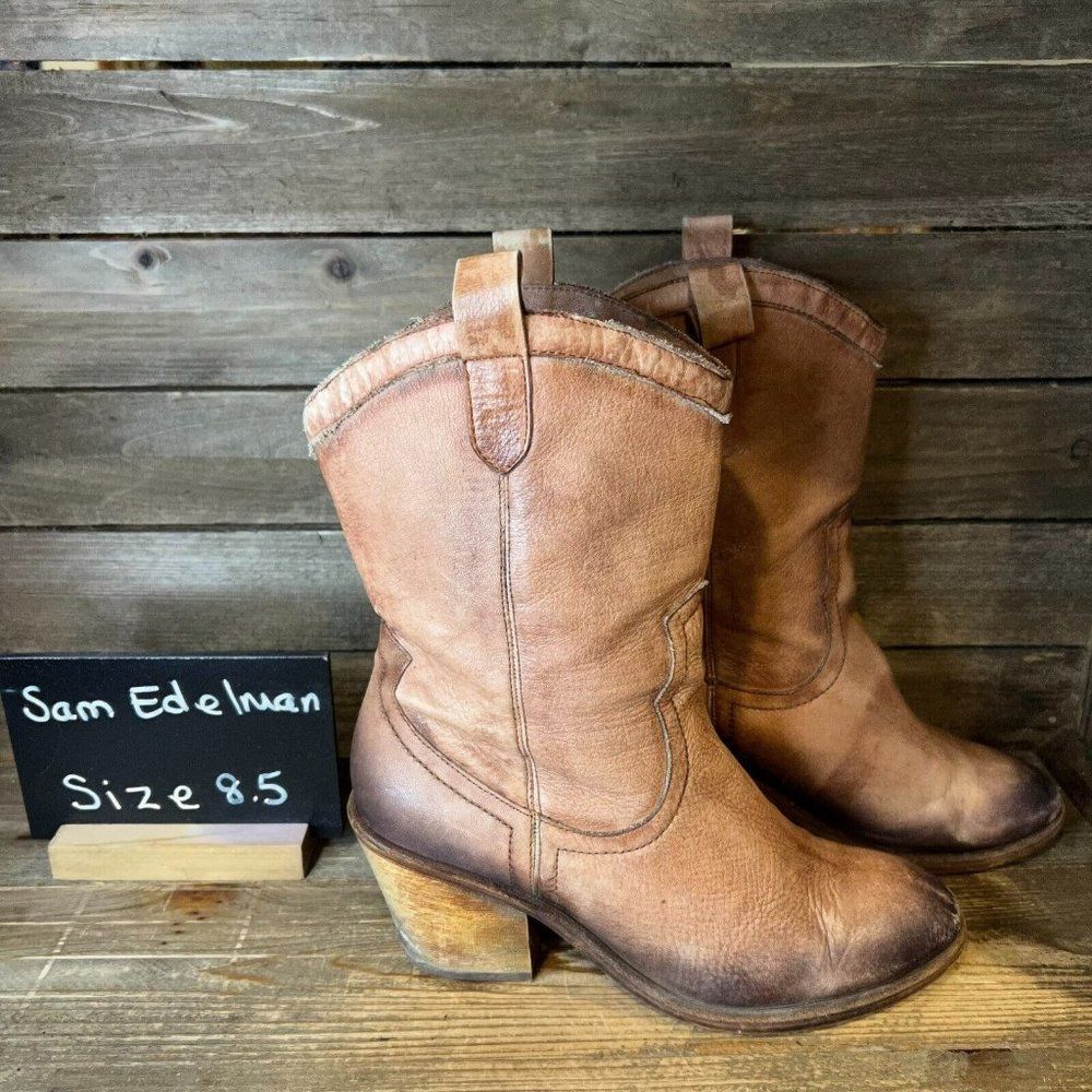 Womens Sam Edelman Nile Brown Leather‎ Western Heeled Boots Booties Size 8.5 M